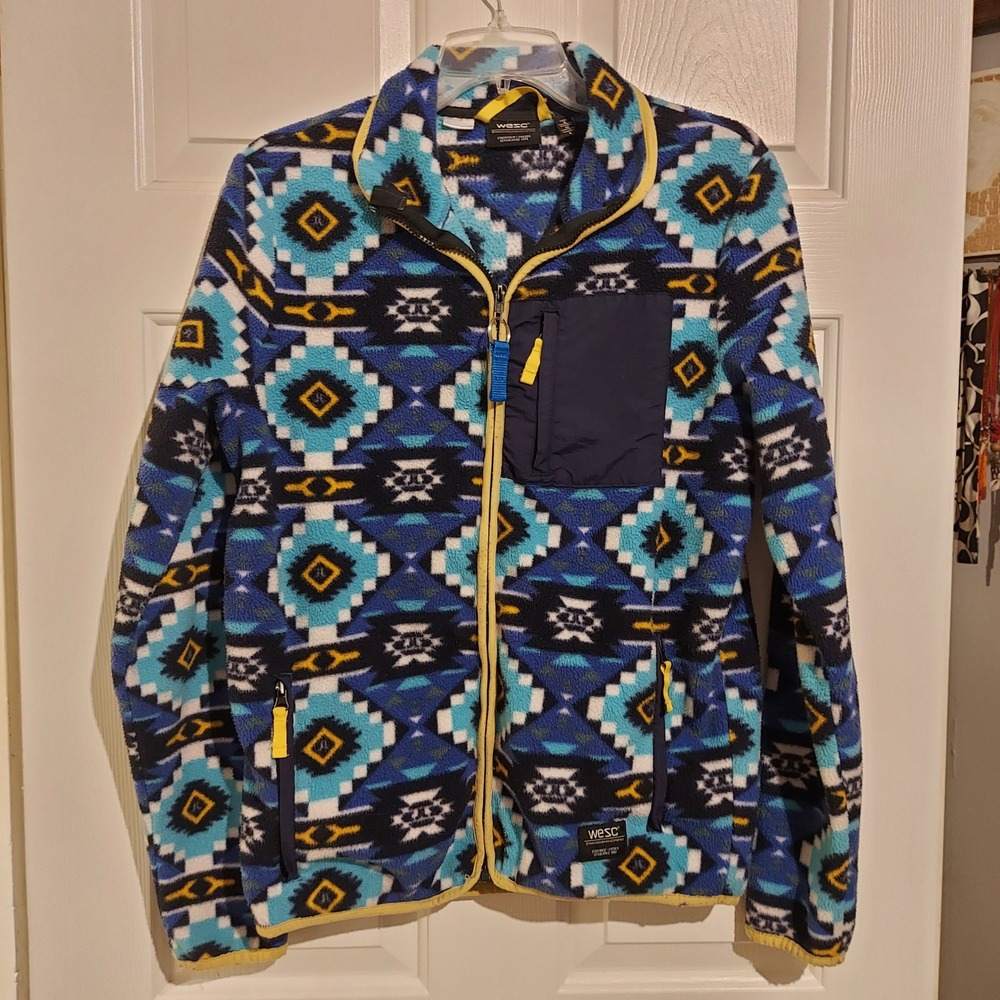 WeSC Moritz Aztec AOP Polar Fleece Jacket Blue Yellow Unisex Small M413847T